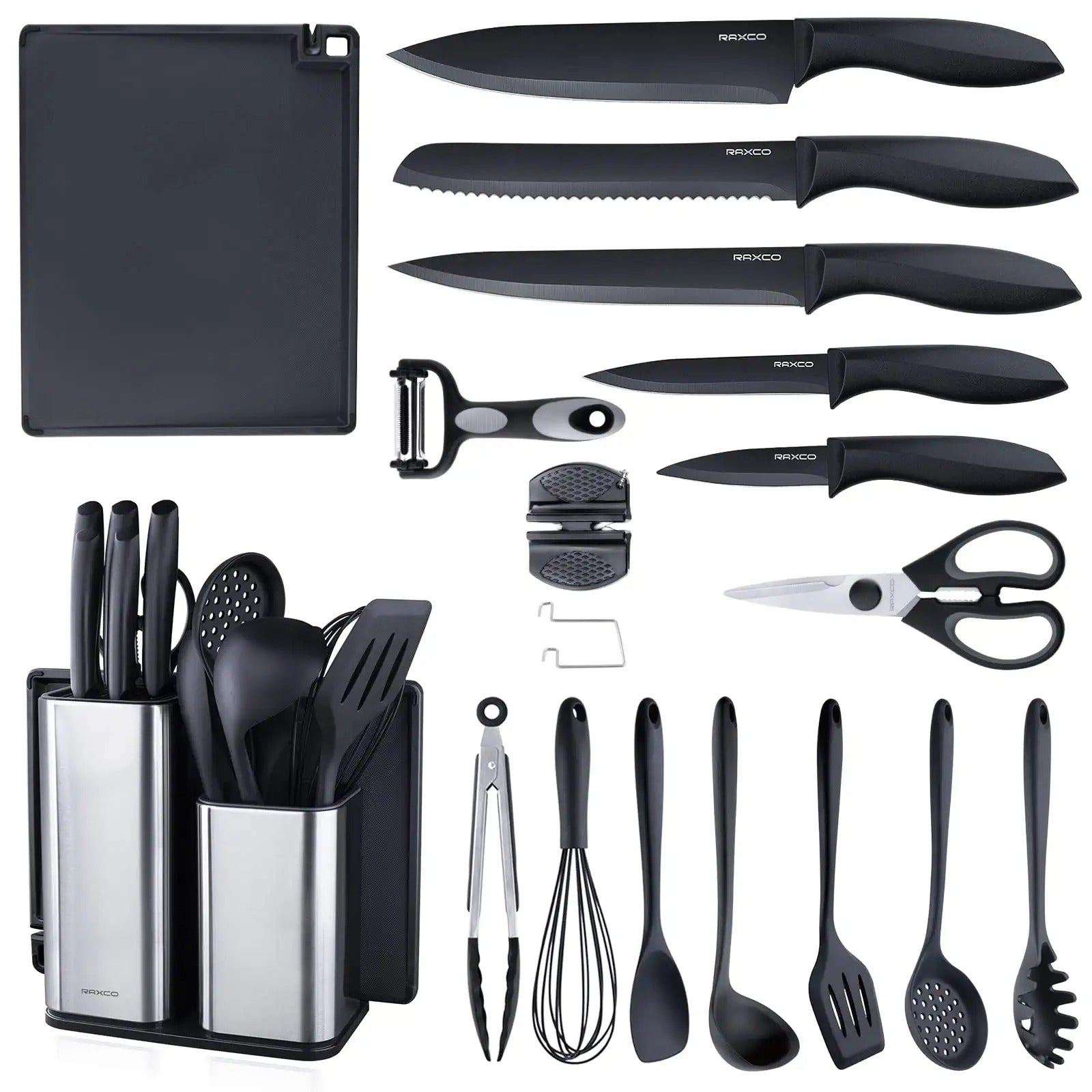  19 Pieces Kitchen Utensils and Knife Set with Block, with 9  Piece Silicone Cooking Utensils Set 5 Piece Sharp Stainless Steel Chef  Knives Scissors Whisk Tongs and Cutting Board (19 in