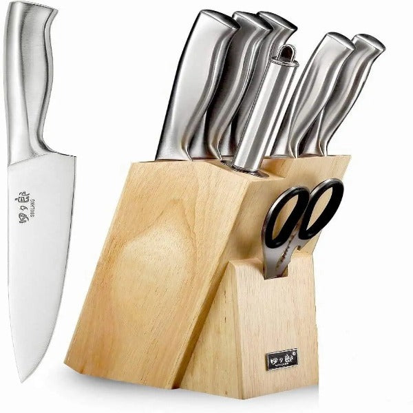  GOOD HELPER 9pcs Block Knife Sets Stainless Steel Knife Set  with Scissors Wooden Cutting Board Sharpener Stick Kitchen Knife Sets with  Shears Chef Knife Bread Knife Ergonomic Handle: Home & Kitchen