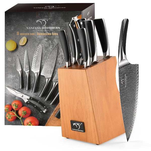 NANFANG BROTHERS 9 Piece Damascus Knife Set With Block, Ergonomic Handle  Chef Knives, Sharpener and Shears for Chopping, Slicing and Cutting