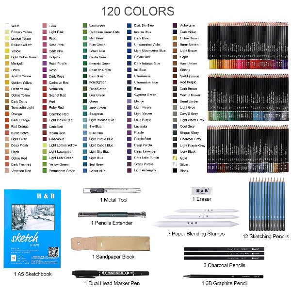  134 Colored Pencils Set-120 Colored Pencils,Adult Coloring  Book And Sketch Pad,Artists Colorless Blender,Zipper Travel Case,Soft  Core,Ideal For Drawing Sketching Shading,Art Supplies For Beginners