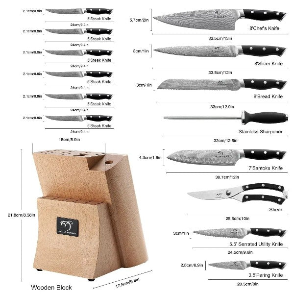 Kitchen Damascus Knife Set, 15-Piece Kitchen Knife Set with Block, ABS –  1981Life