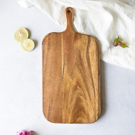 Acacia Wood Paddle Cutting Board with Handle - Knife Friendly Kitchen Butcher Block, Serving Tray, Cracker Platter 15'' x 7.5''