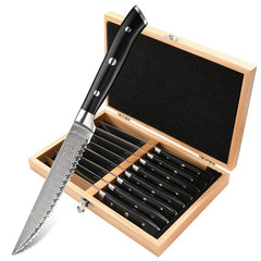Steak Knife Set of 8, Damascus VG10 Steel Serrated Steak Knives 5-Inch - Triple Rivet ABS Handles with Wooden Case