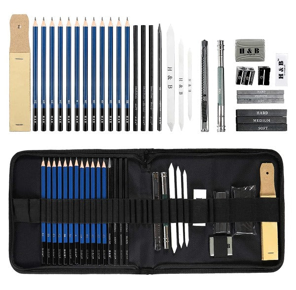 H & B Drawing Pencils Set, 32-Piece Sketch Pencils and Drawing Kit, Complete Artist Kit Includes Graphite Pencils, Charcoal Sticks, Sharpener & Eraser, Professional Sketch Pencils Set for Drawing