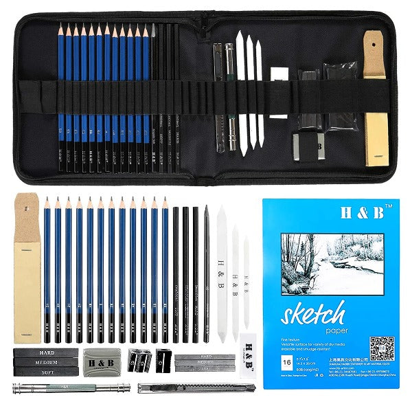 H & B Drawing Pencils Set, 32-Piece Sketch Pencils and Drawing Kit, Complete Artist Kit Includes Graphite Pencils, Charcoal Sticks, Sharpener & Eraser, Professional Sketch Pencils Set for Drawing