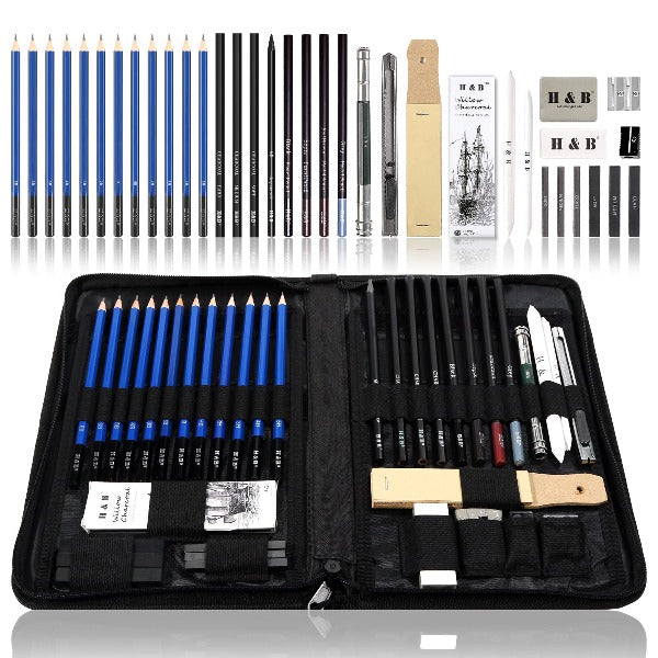 H & B Drawing Pencils Set, 32-Piece Sketch Pencils and Drawing Kit, Complete Artist Kit Includes Graphite Pencils, Charcoal Sticks, Sharpener & Eraser, Professional Sketch Pencils Set for Drawing