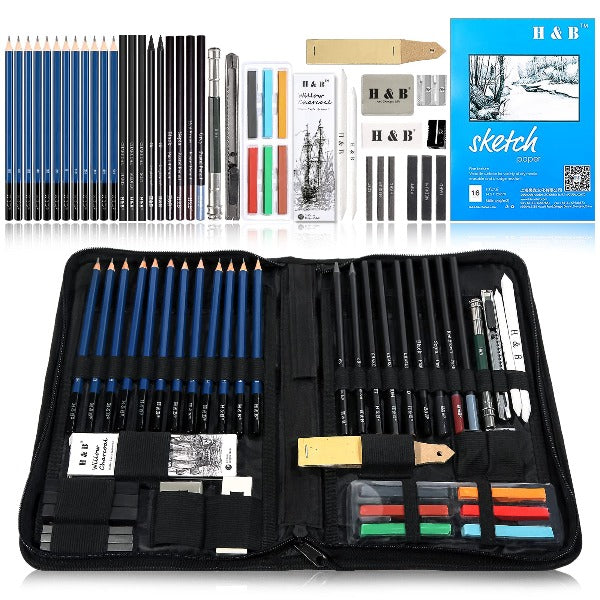 H & B Drawing Pencils Set, 32-Piece Sketch Pencils and Drawing Kit, Complete Artist Kit Includes Graphite Pencils, Charcoal Sticks, Sharpener & Eraser, Professional Sketch Pencils Set for Drawing