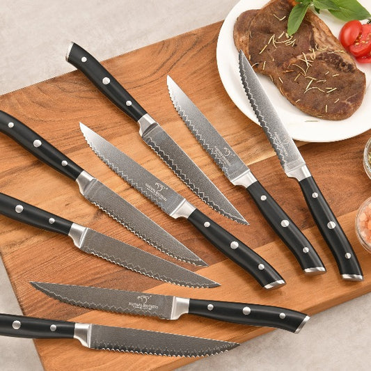 Steak Knife Set of 8, Damascus VG10 Steel Serrated Steak Knives 5-Inch - Triple Rivet ABS Handles with Wooden Case