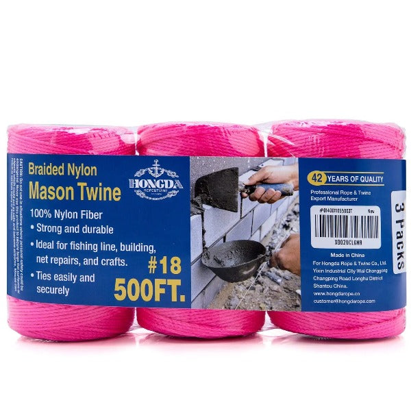 Pink Mason Line String Line - #18 Braided Nylon String - 500 Ft Length -  Nylon Twine for Gardening Or Masonry Tools - Perfect Construction String  for