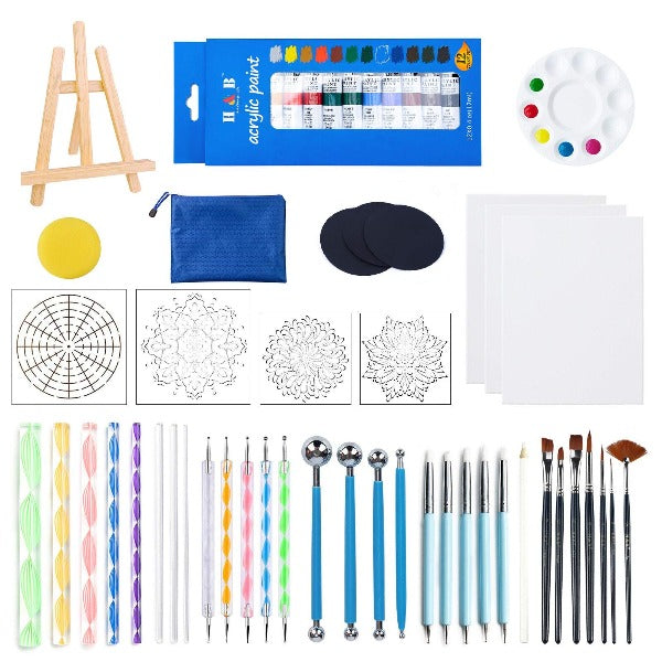 H & B 55PCS Art Supplies Set, Mandala Dotting Tools, Rock Painting Kit Paint Stencils Tool Set -Art Supplies Kits with Wooden Easel for Nail Stone Mandala Arts Drawing Home Decor Activity