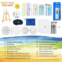 H & B 55PCS Art Supplies Set, Mandala Dotting Tools, Rock Painting Kit Paint Stencils Tool Set -Art Supplies Kits with Wooden Easel for Nail Stone Mandala Arts Drawing Home Decor Activity