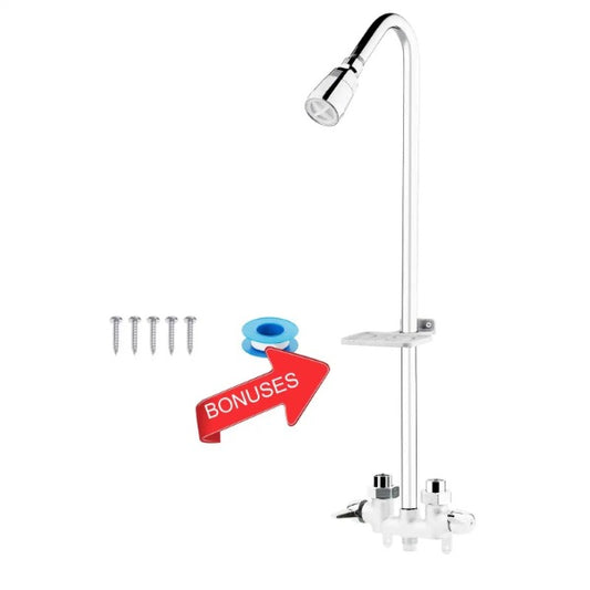 Outdoor Shower Fixture System ,with Rustproof Riser and Riser Extension, Double Handle Utility Shower Faucet with Showerhead and Soap Dish, Polished Chrome