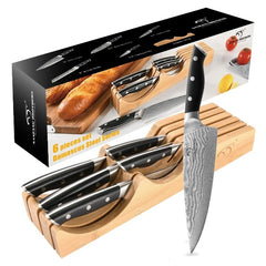 Kitchen Knife Set, 6 Pieces Damascus Knife Block Sets with Bamboo Knives Drawer Organizer, Perfect for Home and Chefs, Premium Knife Holder, Gift for Christmas and Housewarming