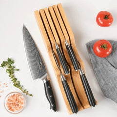 Kitchen Knife Set, 6 Pieces Damascus Knife Block Sets with Bamboo Knives Drawer Organizer, Perfect for Home and Chefs, Premium Knife Holder, Gift for Christmas and Housewarming