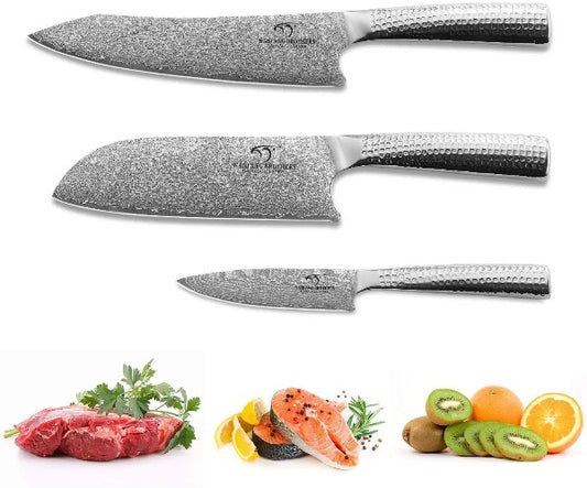 Kitchen Damascus Knife Set, 3-Piece 67 Layer Handmade Damascus VG10 Steel Core Forged Cooking Knife, lightweight Hammered Ergonomic Handle for Cooking Chef Knives Set