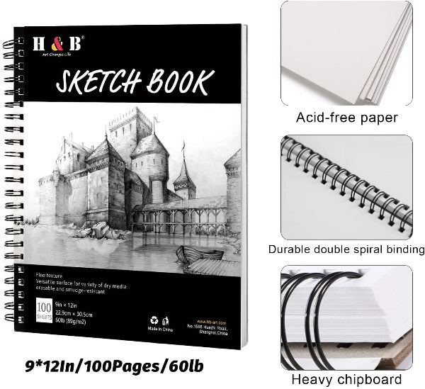 H & B Sketch Book 9X12, Drawing Pad 100-Sheets, Sketching Book for D –  1981Life