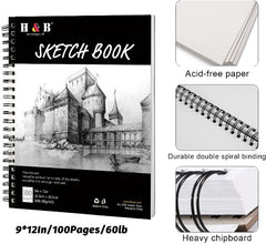 H & B Sketch Book 9"X12", Drawing Pad 100-Sheets, Sketching Book for Drawings for Kids Wire Bound, Blank Page, Artist Sketch Pad, Durable Acid Free Drawing and Sketching Paper Book