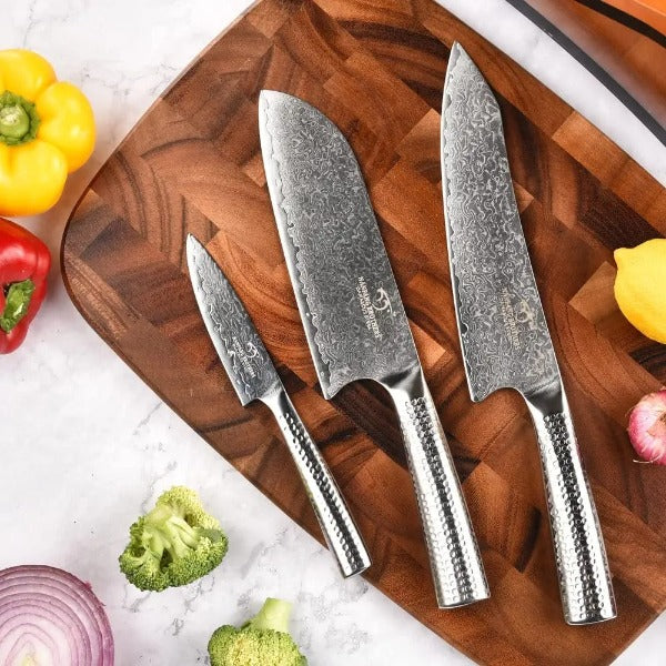 Chef Utility Santoku Knife Set 67 Layers Damascus Steel Wood Handle Hammered  Cut