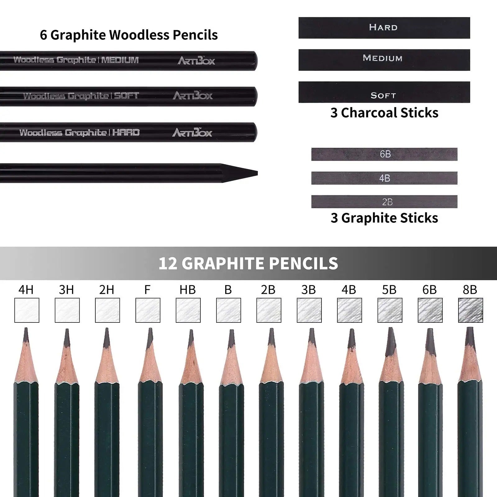 Drawing Pencils - 17 Piece Sketch Pencils Set, Professional Drawing Pencils for Sketching, Kneaded Erasers, 3 Blending Stumps - 12 Graphite Pencils