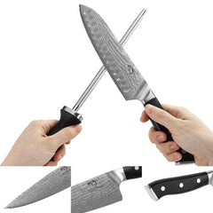Knife Sets, 9 Pieces Damascus Steel Kitchen Knife Block Sets with Ergonomic Triple Rivet Handle, Knife Sharpener and Kitchen Shears