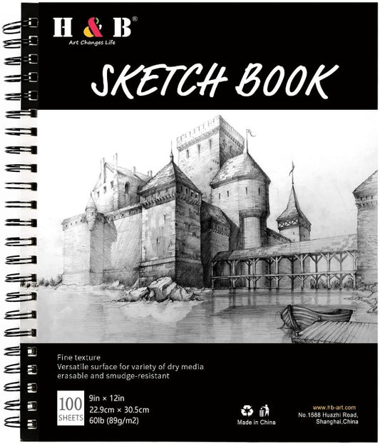 H & B Sketch Book 9"X12", Drawing Pad 100-Sheets, Sketching Book for Drawings for Kids Wire Bound, Blank Page, Artist Sketch Pad, Durable Acid Free Drawing and Sketching Paper Book