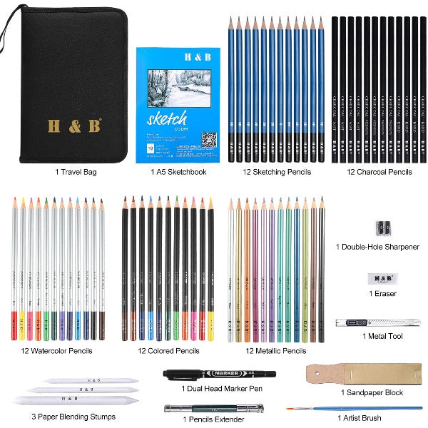 H&B 51pcs/set Professional Drawing Kit Sketching Pencils Art Painting  Supplies with Carrying Bag 