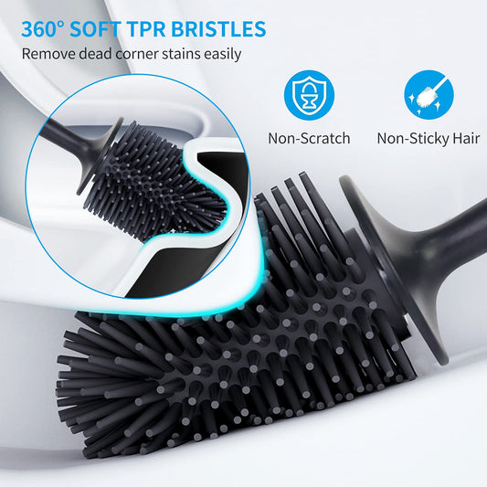 Toilet Bowl Brush and Holder with Self Closing Lid for Bathroom, Flexible Toilet Bowl Brush Head with Silicone TPR Soft Bristles, Floor Standing & Wall Mounted Toilet Scrubber, Pratical Durable