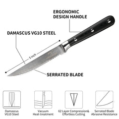 Damascus Steak Knife Set of 6 with Case 5 Inch Serrated Steak Knife