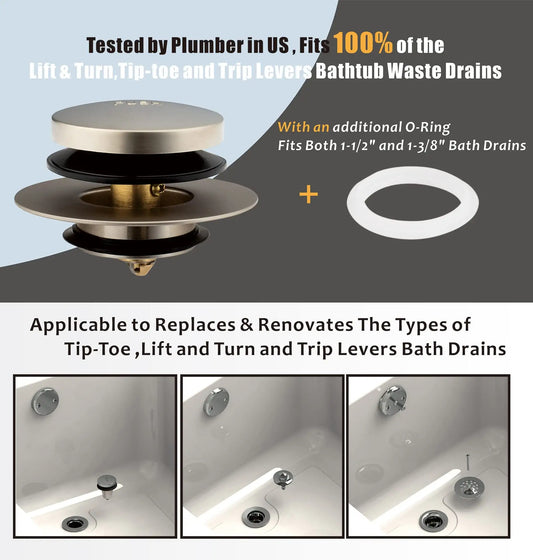 Universal Tip Toe Bath Drain Stopper and Cover, Bathtub Drain Stopper, Replaces lift and turn, Tip-Toe and Trip Lever drains for Tub, EZ Installation and Clearing (CHROME PLATED)