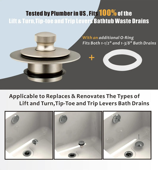 Universal Lift and Turn Bath Drain Stopper and Cover, Bathtub Drain Stopper, Replaces lift and turn, Tip-Toe and Trip Lever drains for Tub, EZ Installation and Clearing