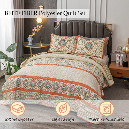 King Size Quilt Set -3 Pieces (104x92 Inch) Microfiber Polyester with Pillow Shams Decor Boho Set