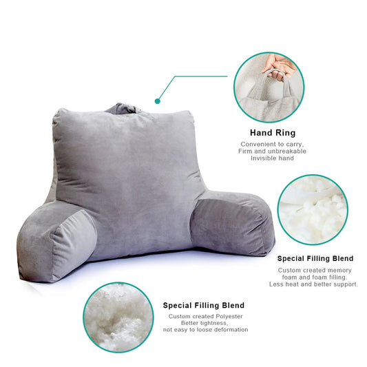 Reading Pillow with Arm Rests, Ultra Soft Fabic Bed Rest Pillow with Convenient Handle and Pocket, Great as Backrest for Reading, Gaming, Relaxing or Watching TV/Sitting in Bed