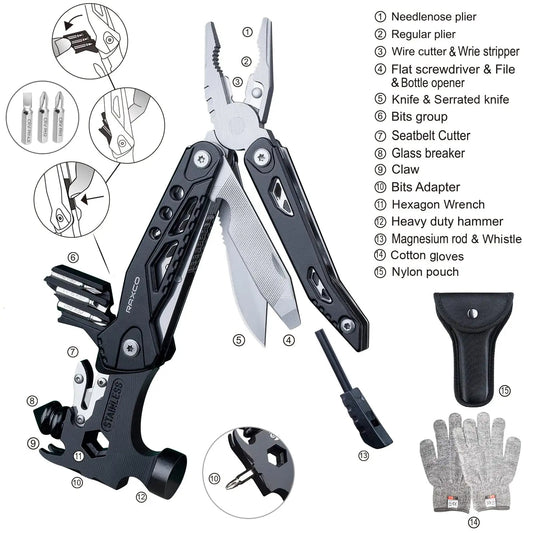 Hammer Multitool 17 in 1 Mini Hammer Camping with Pocket Clip & Cut Resistant Gloves
