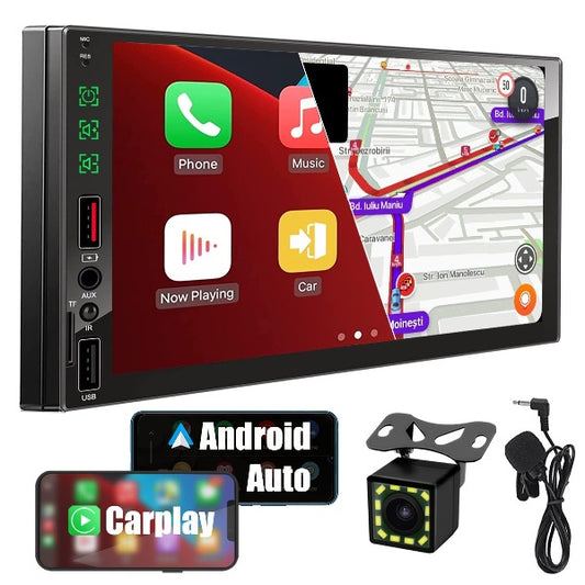 Double Din Car Stereo Compatible with Apple Carplay & Android Auto, 7 Inch Touch Screen Car MP5 with Bluetooth, Subwoofer, DSP, Mirror Link, USB/TF Port AM/FM Car Radio Receiver, HD Backup Camera