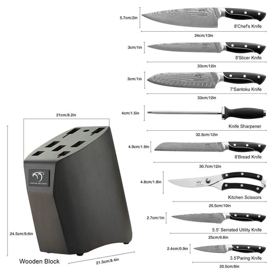 Damascus Knife Set with Block for kitchen 