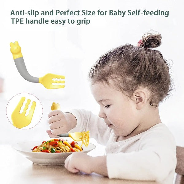 Baby Utensils Spoon Fork with Case 2 Sets Toddler Babies Children Feeding Training Spoon Easy Grip Heat-Resistant Bendable Soft Perfect Self Feeding