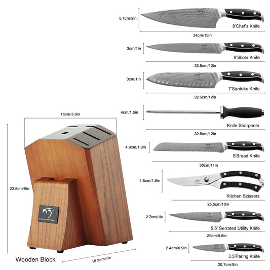 size of the 9piece damascus knife set knives