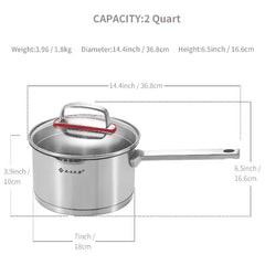 Stainless Steel Saucepan with Glass Lid, Professional Sauce Pan Milk Pot with Cover, 316 Stainless Steel Composite Copper Cooking Pot, 1/1.5/2.5Quart Kitchen Cookware Classic Silver