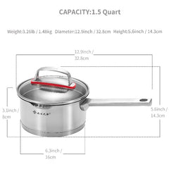 Stainless Steel Saucepan with Glass Lid, Professional Sauce Pan Milk Pot with Cover, 316 Stainless Steel Composite Copper Cooking Pot, 1/1.5/2.5Quart Kitchen Cookware Classic Silver